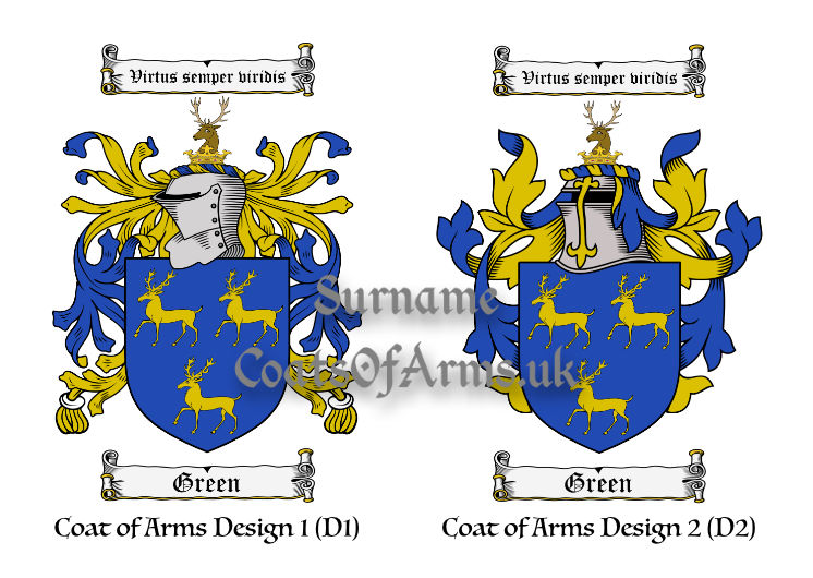 Green family crest and meaning of the coat of arms for the surname