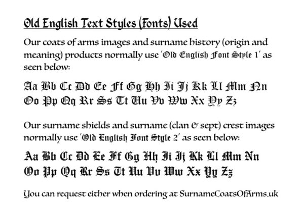 Surname and coats of arms (family crests) Old English font text styles.