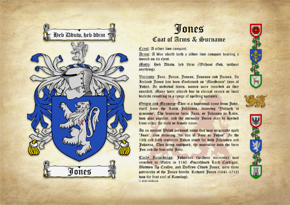 Jones (Welsh) Coat of Arms (Family Crest) with Surname Origin & Meaning