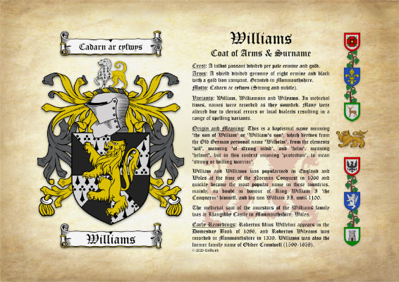Williams (Welsh) Coat of Arms (Family Crest) with Surname Origin & Meaning